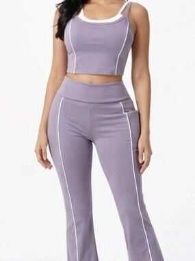 OTOS Fitness Set Sports Bra Leggings Flared High Support Padded Trim Purple XL
